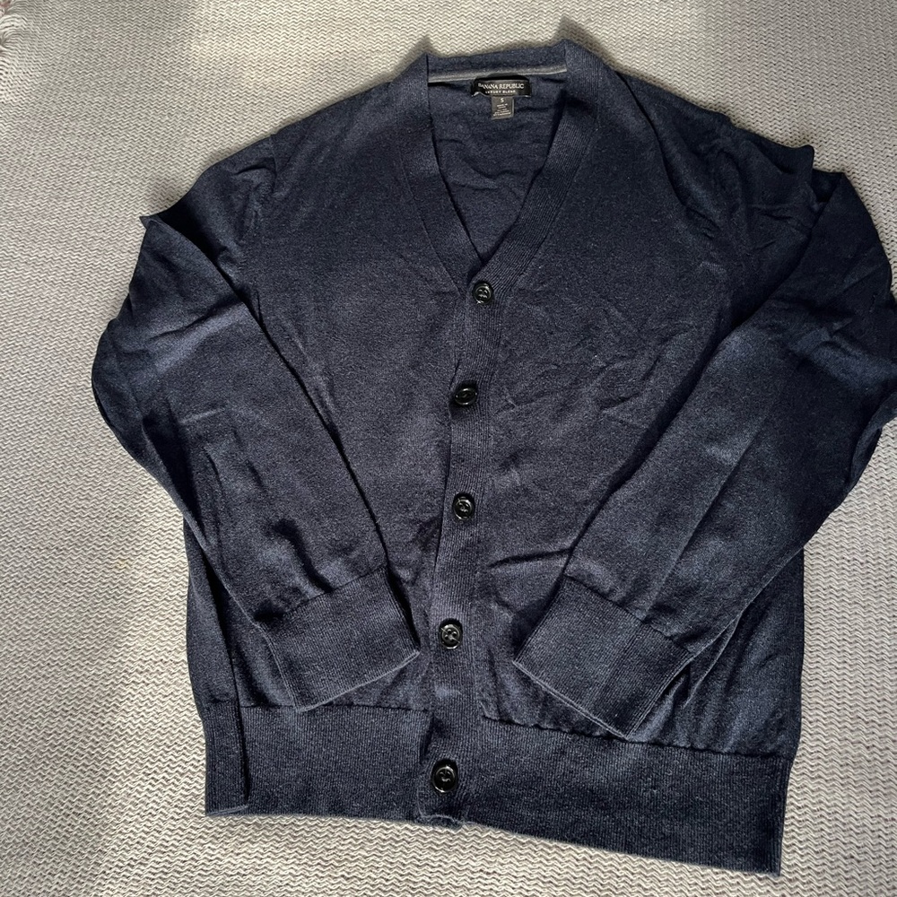 Banana Republic Men's Dark Blue Cardigan - Silk, Cotton, Cashmere